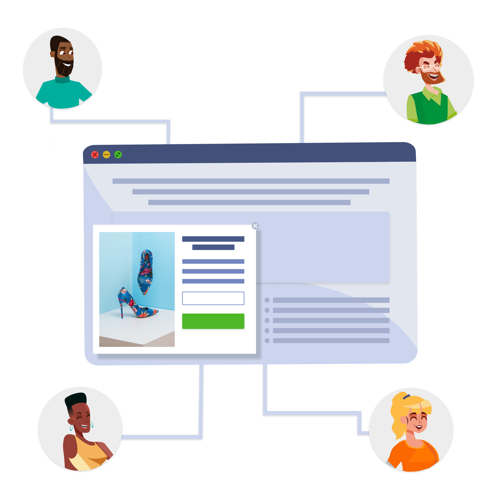 Four visitors converted from a website pop-up. Illustration.